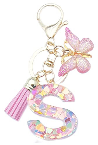 Xsclpomddy Mädchen Alphabet Buchstaben Schlüsselanhänger Niedlich Schlüsselanhänger Glitzer mit Schmetterling Quasten Harz Rosa.Keychain für Tasche Charme,S