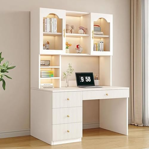 FAANAS Escritorio con Cajones y Puerta de Cristal, Escritorio de Computadora con Estantería Escritorio de Estudio Moderno Mesa Escritorio Compacto y Estación de Trabajo, 120cm