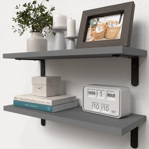 RICHER HOUSE Rustic Floating Bathroom Shelves for Wall, 40cm, Grey, 2 Set | Farmhouse Solid Paulownia Wood Shelf for Wall Décor, Hanging Shelf for Bathroom, Bedroom, Storage, Kitchen, Living Room