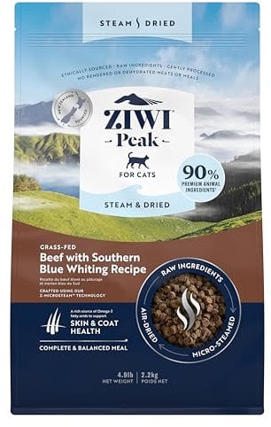 ZIWI Peak Steam & Dried Grass-fed Beef with Southern Blue Whiting, 2.2 kg - Natural, High Protein Cat Food Dry, Raw Alternative & Grain Free Complete Dry Cat Food
