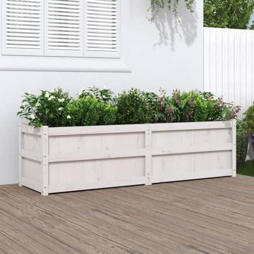 Gecheer Jardinière Blanc 180x50x50 cm Bois de pin Massif, Bac de Plantation pour Cultiver Fleurs Herbes Plantes, Lit Surélevé de Jardin Potager pour Terrasse, Balcon et Extérieur