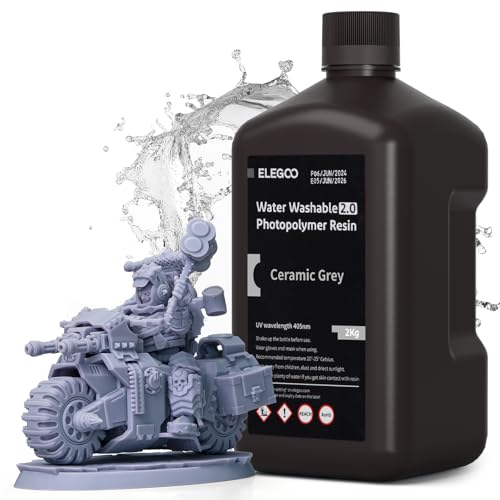 ELEGOO Resin Wasser Abwaschbar 2.0 2000g Grau, Geringe Schrumpfung und Hohe Haltbarkeit 395-405 nm Schnelles Aushärten 3D Drucker Water Washable Resin für MSLA/LCD/DLP Resin 3D Drucker