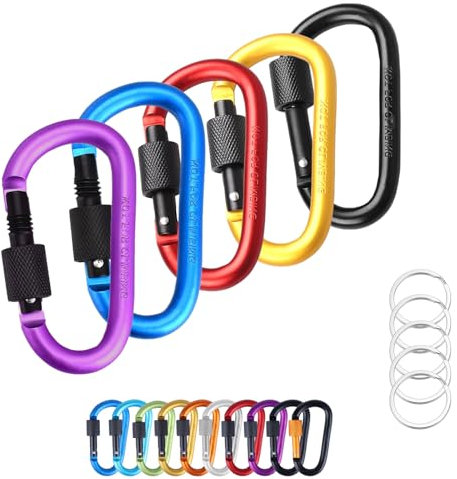 MORAINJAY Lot de 5 mousquetons de verrouillage en alliage d'aluminium, mousquetons robustes pour extérieur, camping, randonnée, pêche, voyages, sac à dos, bouteille d'eau (violet, bleu, rouge, doré et