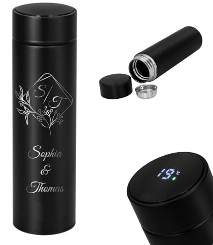 Thermobecher mit LED-Anzeige/Schwarz 500 ml/Geschenk mit Gravur (Initialen)