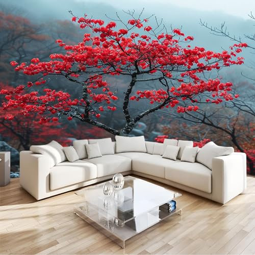 Papier Peint Panoramique 3D Paysage de Prunier Rouge Papier Peint Intissé Tapisserie Poster Mural Multicolore pour Salon Chambre Décoration Murale 350x256cm