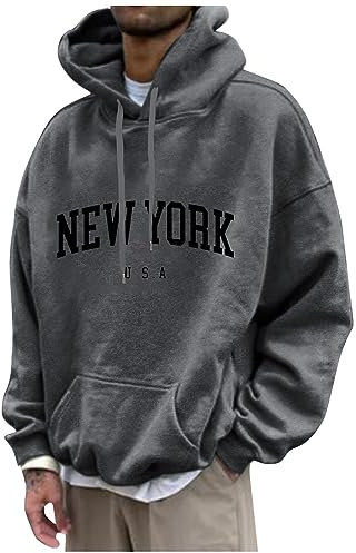 Herren Damen Hoodie Pullover Mit Kapuze Casual Brief Print Sweatshirt Männer Oversize Langarm Kapuzenpullover Locker Kapuzenpulli College Hoodie Mit Taschen & Kordel Langarmshirt (Dark Gray，M)