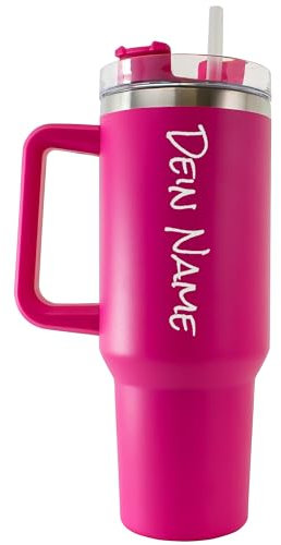 Tumbler Trinkbecher mit Strohhalm 1.18L 40OZ Thermobecher mit Griff hält kühl oder warm Becher mit Deckel und Strohhalm personalisiert mit Namen Tragbarer Autobecher Kaffeebecher TO-GO (Pink)