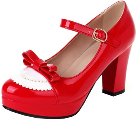 HSyc JRX Women's Block Heel High Heels Platform Pumps with Bow Patent Mary Jane Shoes, red, 9.5 UK