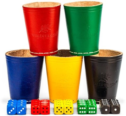 Waldfelsen® 5 Echtleder Würfelbecher (9 cm) mit 30 Holzwürfeln (16 mm) aus Buchenholz Lederbecher Würfelset Augenwürfel Spielwürfel (Farben: Blau, Rot, Gelb, Grün & Schwarz)