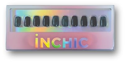 INCHIC Devil’s Eye, Short Squoval, Black and Teal Glitter Cat Eye, 30 Pcs Press on Nail