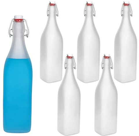 MamboCat 6er Set Vierkant-Bügelflaschen Swing I 1 L I Frozen-Glas | edle Verpackung I Essig & Öl I Trink-Flaschen I Milchglas transluzent