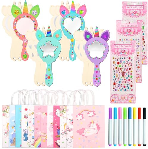 DXiongW 35 Stück Einhorn Spiegel Basteln Set DIY Einhorn Holzspiegel zum Bemalen Handwerk Mini Prinzessin Handspiegel Kreativ Malen Geschenk für Mädchen 6-12 Jahre Kindergeburtstag Spiele Party Deko