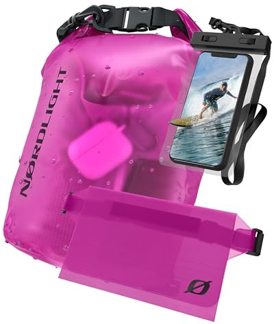 Nordlight Dry Bag Sacca Impermeabile con Custodia Per Cellulare e Marsupio (5L, Rosa) Zaino, Sacca Stagna Borsa Impermeabile - Spiaggia, Canoa, Stand Up Paddling, Immersioni