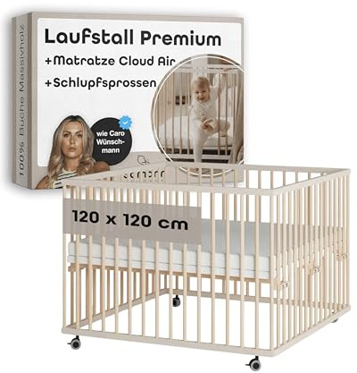 Sämann Laufstall Baby mit Matratze Cloud Air und Schlupfsprossen | TÜV geprüft | stufenlos höhenverstellbar | Laufgitter Premium | Babybett aus Holz | Krabbelgitter (sahara dust/natur, 120x120 cm)
