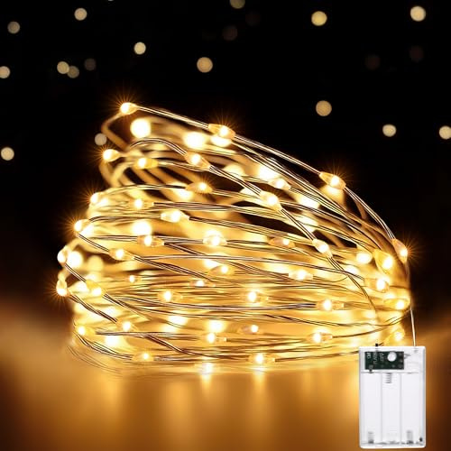 HeiPard Cadena de Luces con Pilas, 5m 50 LED Plata Alambre, 2 Modos para Navidad Guirnalda, Boda, Fiesta, Jardín, Habitación, Terraza, Pared (Blanco Cálido, 1 Pieza)