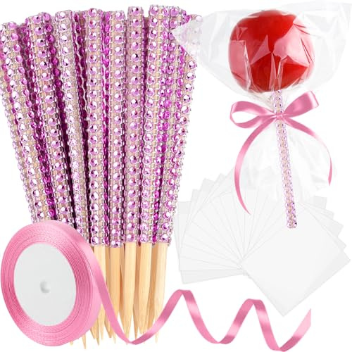 ASTARON 24 Pack Pink Glitter Bling Candy Apple Sticks with Bags Set | Halloween Toffee Apple Kit，Caramel Apple Sticks with Ribbon，Chocolate Apple Kit，Wood Sticks with Rhinestones，Cake Pop Sticks