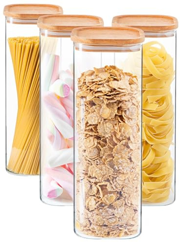Argon Tableware Square Glass Storage Jars with Airtight Wooden Lids - 2200ml - 4 Pack - Modern Kitchen Container Preserving Jars for Pickling, Chutney, Jam, Coffee, Olives, Sugar, Spices