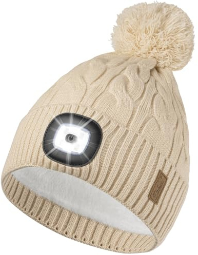 Etsfmoa Mütze mit LED Licht,Hut mit warmem Futter,Type-C Wiederaufladbare Bommelmütze,Geschenke für Männer und Frauen (DE/NL/SE/PL, Alphanumerisch, Einheitsgröße, Beige)