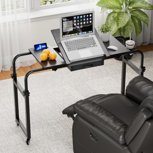 GiftGo Overbed Table with Wheels Rolling Laptop Desk Cart Recliner Table Wheelchair Table Adjustable for Hospital and Home Use Over The Bed Table with Storage Drawer and Cup Holder (Black)