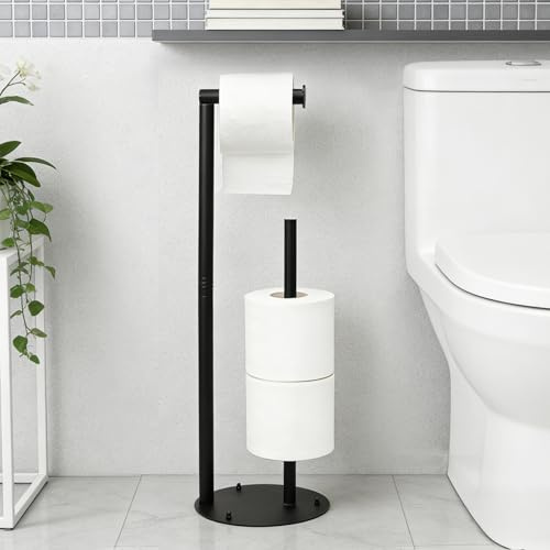 53cm Free Standing Toilet Roll Holder Black Toilet Roll Stand for 4 Rolls | Stainless Steel Toilet Paper Holder with Partition & Suction Cups, Pedestal Bathroom Toilet Paper Storage Dispenser
