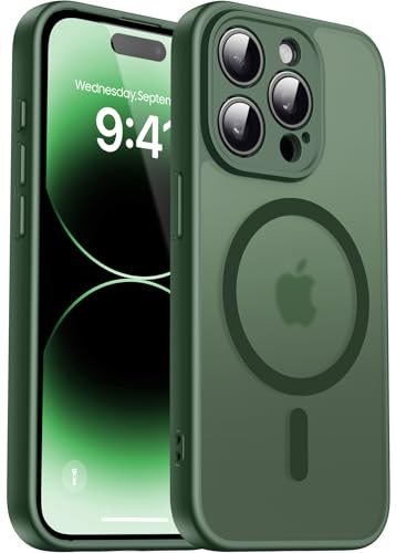 Natiiozie Magnetisch Hülle für iPhone 14 Pro, Matt Dunkelgrün | Kompatibel mit MagSafe, Kameraschutz Militärschutz Handyhülle, Stoßfest Kratzfest Schutzhülle Transluzente Rückseite Case