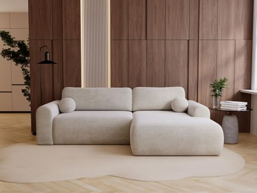GRAINGOLD Savana L 257x177 cm, L-Form Sofa, Schlafcouch für Wohnzimmer, Velours-Stoff, 3-Sitzer Eckcouch, Ecksofa mit Bettkasten (Hellbeige, Rechts)