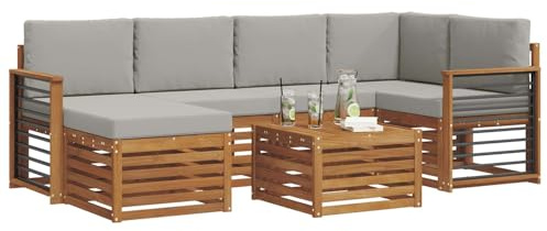 vidaXL Sofagarnituren 7 pcs Natürlich und Hellgrau Massivholz Akazie, Gartenmöbel, modernes Sofa für draußen, modulare Loungemöbel, langlebige Terrassensitze und Komfort