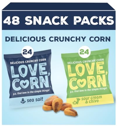 LOVE CORN The Crunchy Savoury Salad Topper - Sea Salt and Sour Cream & Chive - High Fibre & Healthy, Gluten-Free, Vegan, Kosher, Low Sugar Crisps Alternative, Plant Based Graze, Lunchbox Friendly, UK