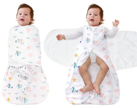 FUNUPUP Pucksack Baby 0-6/6-12 Monate, 100% Baumwolle Swaddle Schlafsack Baby Sommer 1 Tog, 3-in-1 Babyschlafsack mit Klettflügeln und Doppeltem Reißverschluss