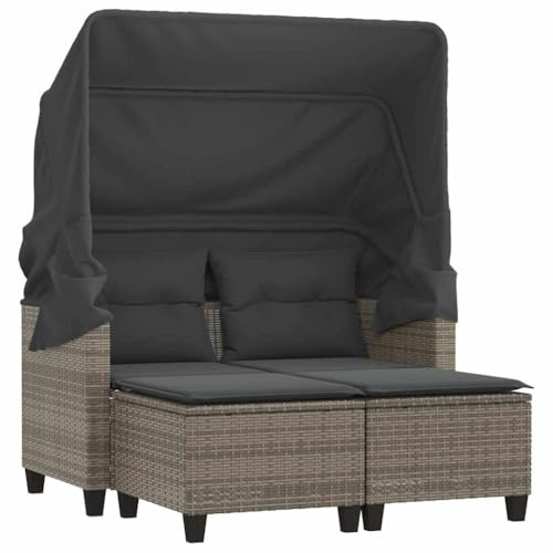 HETFTJN Gartensofa 2-Sitzer mit ausziehbarem Sonnendach Hocker Set Grau Poly Rattan wetterfest Lounge Couch für Terrasse Balkon und kleine Gärten 123 x 65 x 155 cm