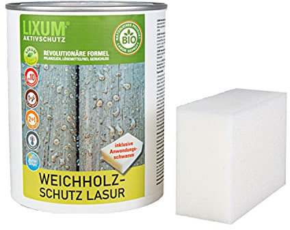LIXUM Biologischer Holzschutz Weichholzschutz - Fichte, Farbe:Grau 0.80, Inhalt:1000 ml (ca.30m²), inkl. Zubehör:Schwamm