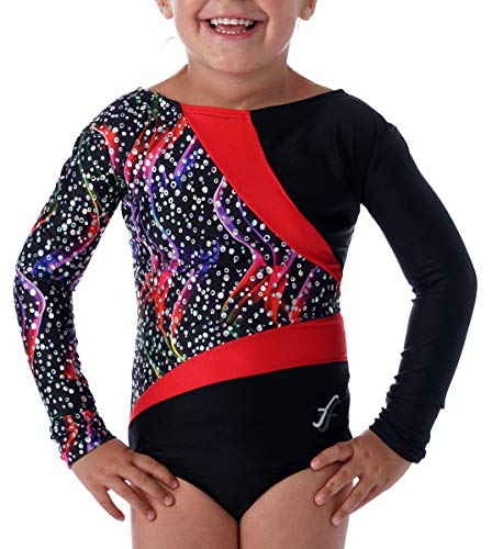 ff FISCHER Turnanzug Mädchen langarm Nela Glitzereinsatz, Gymnastikanzug Damen Turnanzug 8229, Größe: 140, Farbe: schwarz-rot-bunt