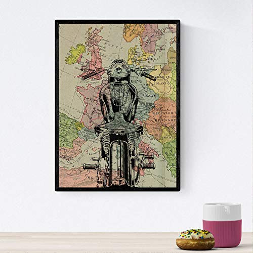 Nacnic Poster Motorrad in Frankreich. Vintage Landkarten Poster. Verschiedene bunte Bilder ohne Rahmen. A4-Format