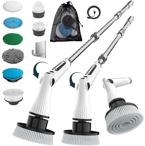 MGLSDeet Cepillo de limpieza eléctrico giratorio, cepillo de limpieza inalámbrico portátil recargable, 7 cabezales de nailon reemplazables para baño, cocina, azulejos, fregadero, ventana, suelo,