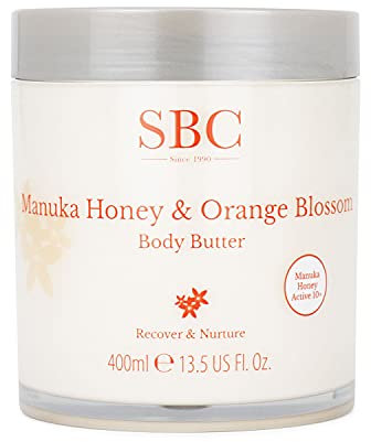 SBC Skincare Manuka Honig & Orangenblüte Körperbutter – 400 ml | Sheabutter und Propolis Body Lotion | Feuchtigkeitsspendende Körpercreme für trockene und empfindliche Haut