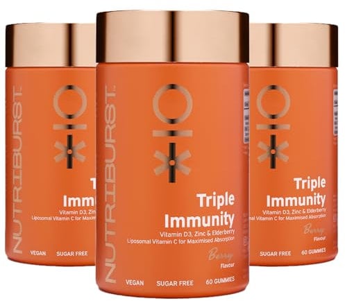 Nutriburst Triple Immunity Multipack - Liposomal Vitamin C (100mg), D3 (20µg), Zinc (7.5mg) + Elderberry Extract - Immune & Wellbeing Support - Vegan & Sugar Free - 180 Berry Gummies - 3 Mon Supply