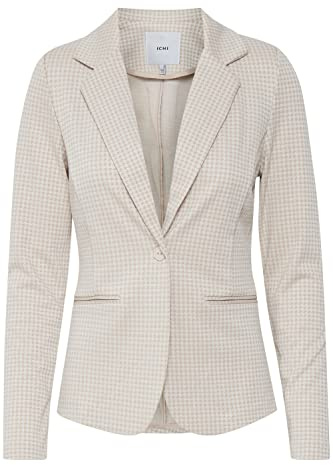 ICHI IHRUTI BL8 Damen Blazer Kurzblazer Jacke karierter Ein-Knopf-Blazer mit Stretch und Reverskragen, Größe:XL, Farbe:Doeskin (151308)