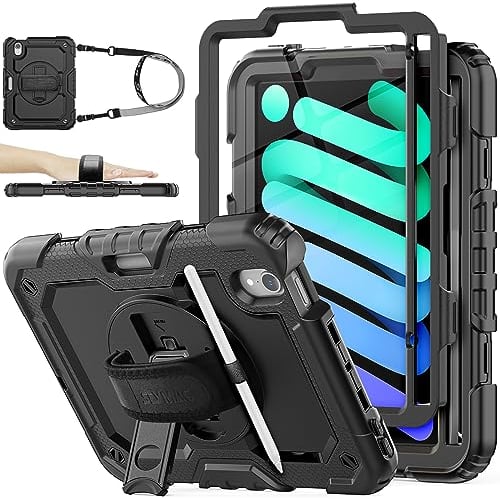 SEYMAC stock Case for iPad Mini 7 (A17 Pro)/ Mini 7th/6th Generation Case 8.3 inch(2024/2021), Full-body Shockproof Cover with 360° Rotating Stand/Hand Strap, Screen Protector & Pencil Holder, Black
