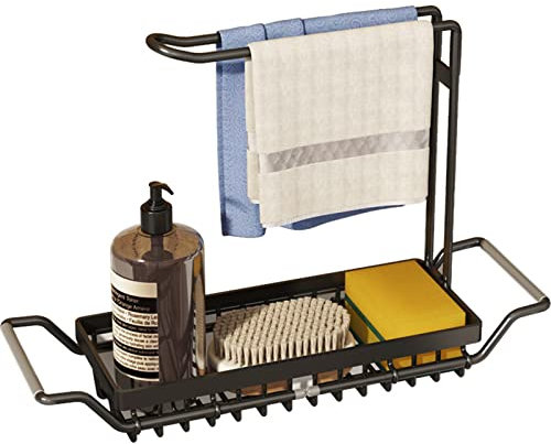 TZAMLI Teleskop Spülbecken Organizer mit Lappenhalter, Edelstahl Schwammhalter Schmal Spülbeckenregal Caddy Ordnungshelfer für die Küche Spüle (Schwarz-Schwarz, L)