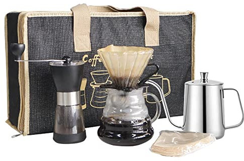 SOTECH Pour Over Coffee Maker Set with Black Gooseneck Kettle, Wooden Filter Holder, Glass Server, Paper Filters, DIY Manual Coffee Lovers Set (Natural Jute Bag)