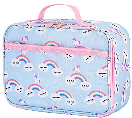 Pretty Jolly Mini Kids Lunch Box, Insulated Reusable Lunch Bag for Girls & Boys, Thermal Meal Container Tote with Waterproof Liner, Hot or Cold Snacks Lunchbox for School,Work,Picnic (Rainbow Blue)