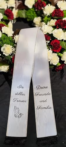 Gesteck Schleife, Grabschleife, Trauerschleife, Kranzschleife bedruckt nach Wunsch (75 mm für kl. Strauß, weiß)