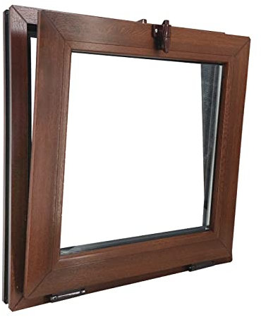 ECOPROF Kellerfenster | Gartenhaus Fenster | Kunststoff Fenster | Maße 60x60 cm (600x600 mm) | Farbe: Nussbaum (beidenseitig) | 52mm Profil
