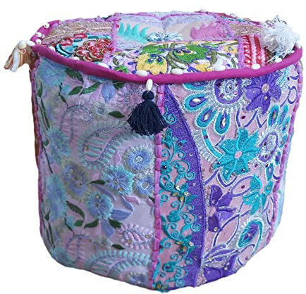 PUSHPACRAFTS Ottoman Pouf Indian Bohemian Style Interior Decor Footstool Floor Pillow Indian Embroidered Pouf for kids PINK