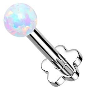 beyoutifulthings Push-In Lippen-Piercing Opal-Kugel 3-mm Weiß Silber Piercing-Stecker Titanium Grad 23 Blüten Basis Stab 8-mm lang 1,2-mm dick