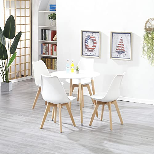 GrandCA HOME Juego de Muebles de Comedor Mesa de Comedor Redonda con 4 Sillas de Cocina Tapizadas para el Hogar, Oficina, Cocina (Blanco)