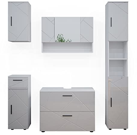 Vicco Badmöbel-Set Irma, Weiß Hochglanz, 80 cm | besteht aus Waschbeckenunterschrank, Spiegelschrank, Hochschrank, Midischrank und Hängeschrank