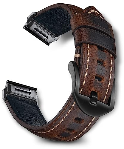 RoYiio Öl-Wachs-Leder Uhrarmband für Garmin Fēnix/Garmin Enduro/Garmin Epix/Garmin Quatix/Garmin Marq Uhrenarmband für Damen Herren, Armband QuickFit 26mm - Dunkelbraun