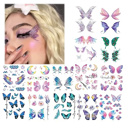 Kinretixia® 14 Blatt glitzernde Schmetterlinge, temporäre Tattoos, Aufkleber für Frauen und Mädchen, Augen, Gesicht, Make-up, Dekoration, Flash-Feenflügel