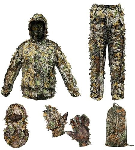 Ghillie Suit Camouflage Hunting Suits Outdoor 3D Leaf Lifelike Camo Clothing Lightweight Breathable Hooded Apparel Suit, Hunting Gloves, Leafy Face Mask and Bag for Jungle Shooting Halloween…
